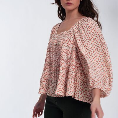 puff sleeve top with square neck in coral floral print