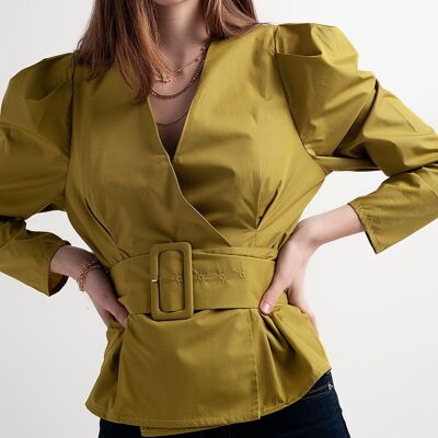Puff sleeve wrap front top with belt detail in green
