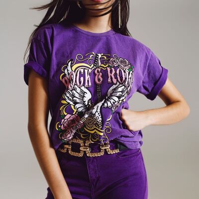 T-shirt con stampa vintage Rock and Roll in viola