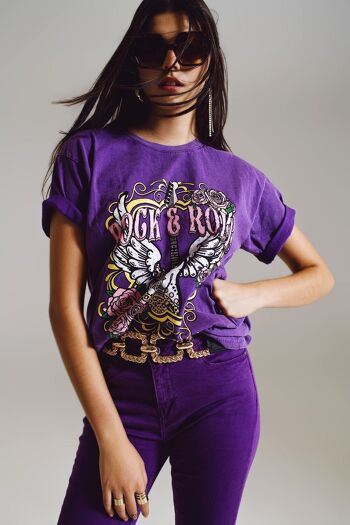 T-shirt vintage imprimé rock and roll en violet 1