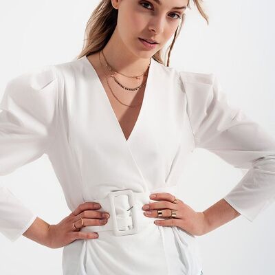 Puff sleeve wrap front top with belt detail in white