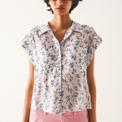 Blusa viola con tasche e stampa floreale