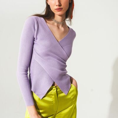 Maglia viola con scollo a V a costine