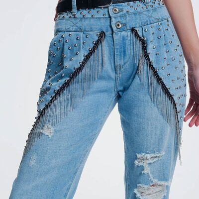 jeans rectos rotos vintage con tachuelas y cadenas