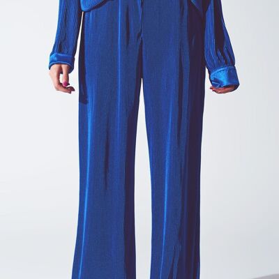 Satin Pleated Wide Leg Pants in Blue