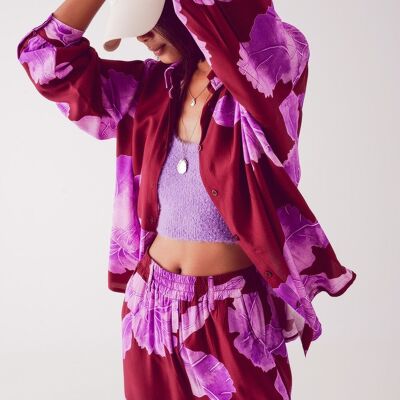 Satin shirt in fuchsia with large floral print