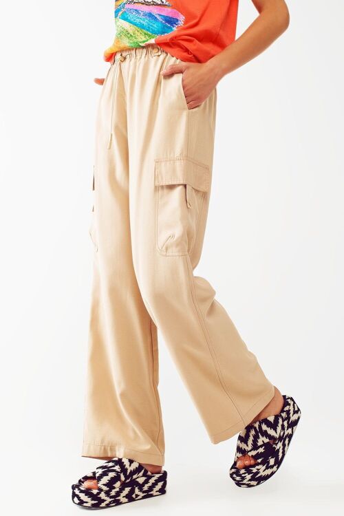 Relaxed Cargo Pants With Drawstring in Beige