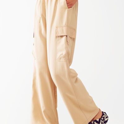 Pantalon cargo décontracté avec cordon de serrage en beige