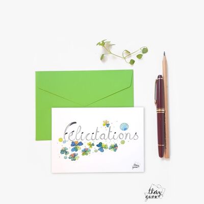 DOUBLE CONGRATULATIONS GREETING CARD BLUE WATERCOLOR FLOWERS