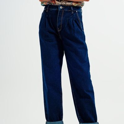 Relaxed fit pleat front jeans in dark blue