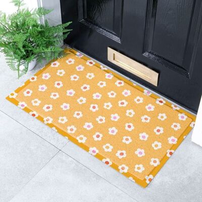 Orangefarbene Fußmatte mit Gänseblümchenmuster für drinnen und draußen – 70 x 40 cm