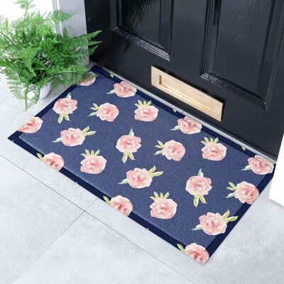 Navy Pink Roses Indoor & Outdoor Doormat - 70x40cm