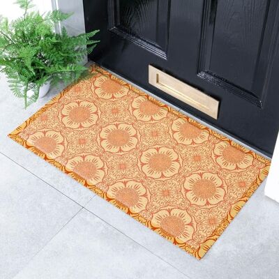 Orangefarbene Fußmatte mit Blumenmuster für drinnen und draußen – 70 x 40 cm
