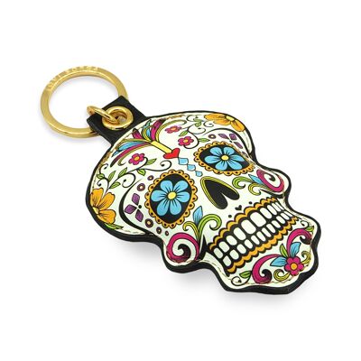 Leather Sugar Skull Key Chain / Key Ring - Flowers