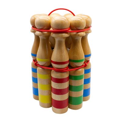 Skittles set bowling made of wood large for children and adults - solid wood 30 cm, striped - 3026