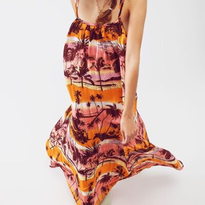 Vestido largo relajado con espalda abierta en estampado rosa tropical