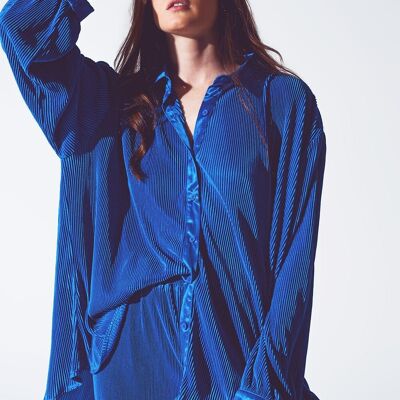 Relaxed Pleated Satin Shirt in Blue