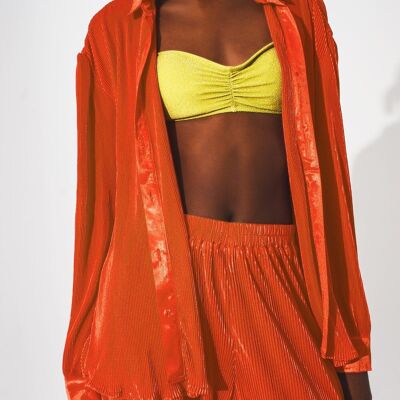 Relaxed pleated satin shirt in orange