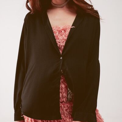 Relaxed satin long sleeve shirt in black