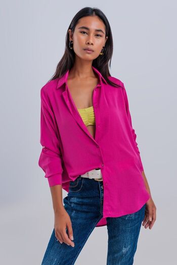 Chemise décontractée à manches longues en satin fuchsia 1