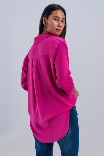 Chemise décontractée à manches longues en satin fuchsia 2