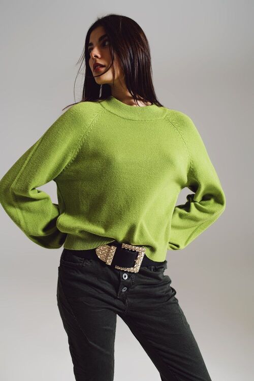 relaxed style green jumper with balloon sleeves