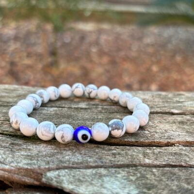 Bracelet élastique de Lithothérapie en Howlite blanche naturelle et Oeil Turc Nazar Boncuk
