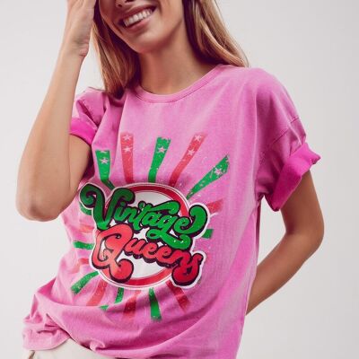 T-shirt comoda con stampa grafica Vintage Queens rosa