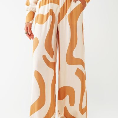 Relaxed Wide Leg Pants in Beige Abstract Print