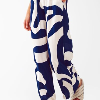 Entspannte Hose mit weitem Bein und blauem abstraktem Print