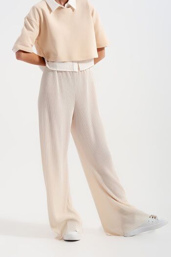 Pantalon large ample en plissé crème 2