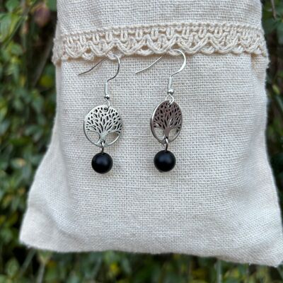 Dangling earrings in Onyx and tree of life, Made in France