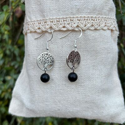 Dangling earrings in Onyx and tree of life, Made in France