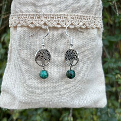 Boucles d'oreilles pendantes en Turquoise Africaine et arbre de vie, Made in France