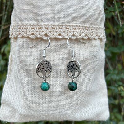 Boucles d'oreilles pendantes en Turquoise Africaine et arbre de vie, Made in France
