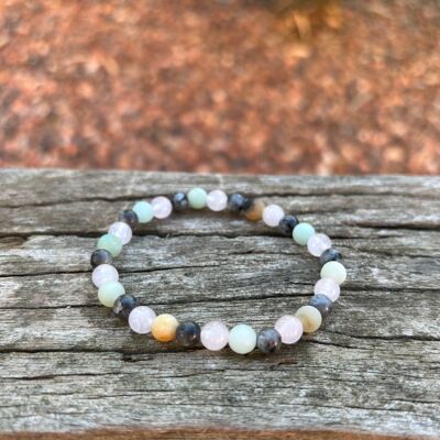 Bracciale elastico per litoterapia in labradorite, quarzo rosa e amazzonite, prodotto in Francia