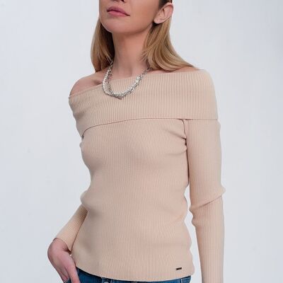 Rippen-Bardot-Pullover in Beige