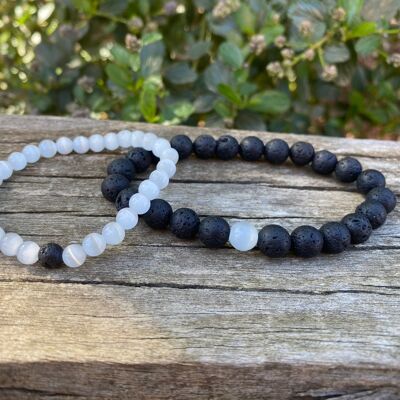 Elastic distance and couple bracelets in Selenite and Lava Stone