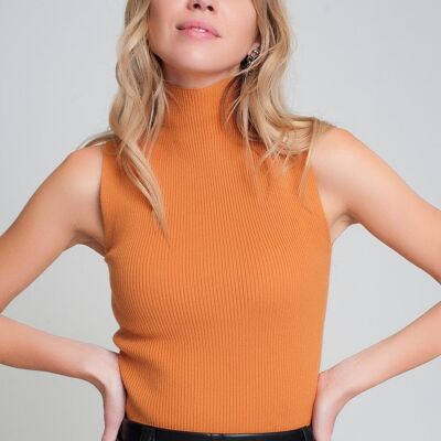 Maglione smanicato in maglia a coste con collo alto arancione