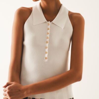 Ribbed knitted top with polo neck in cream