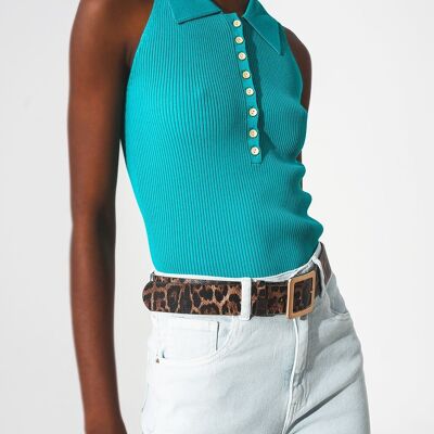 Ribbed knitted top with polo neck in turquoise