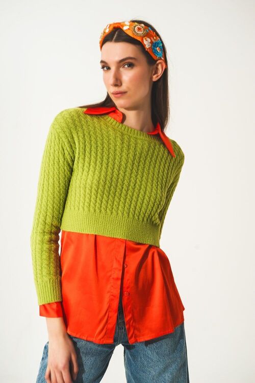 Round neck cable knit crop jumper in lime green