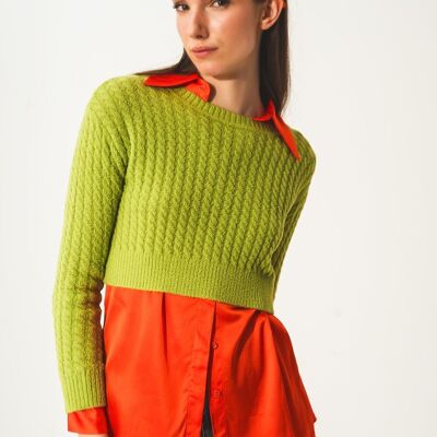 Maglione corto in maglia a trecce con collo rotondo in verde lime