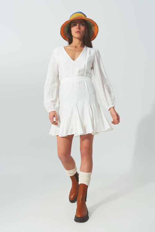 Ruffle V Neck Dress in White