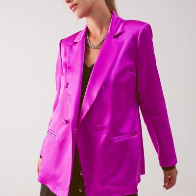 Satin double breasted suit blazer in fuchsia