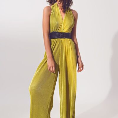 Satin Halter Neck pleated maxi jumpsuit in Green