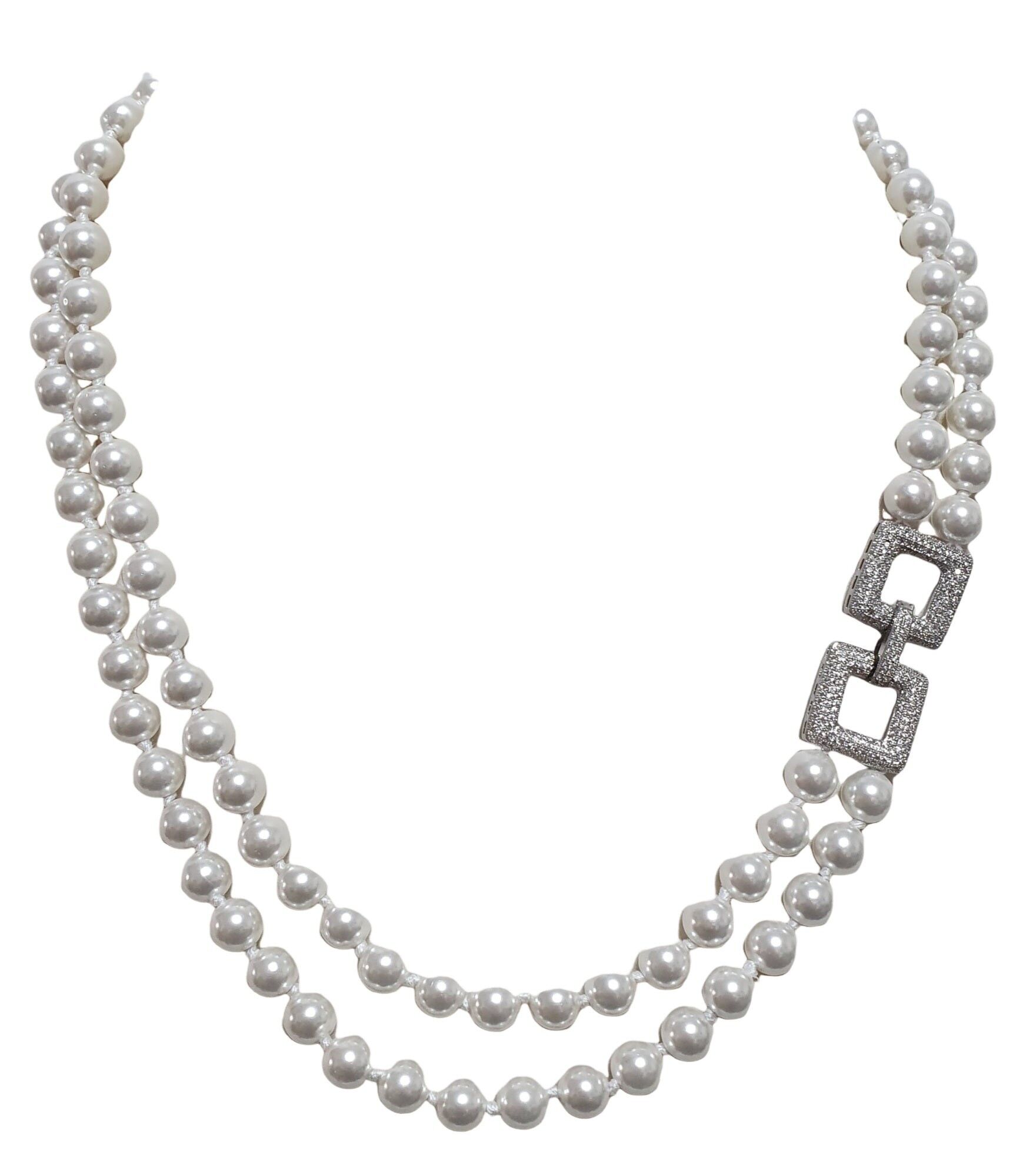 Collana due fili perla mm 8 con fermaglio quadrato