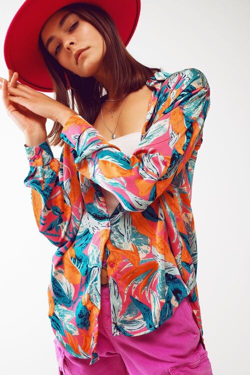 Satin Shirt In Floral Print in Orange