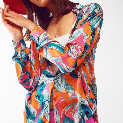 Satin Shirt In Floral Print in Orange