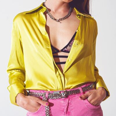 Satin shirt with split cuff in lime green